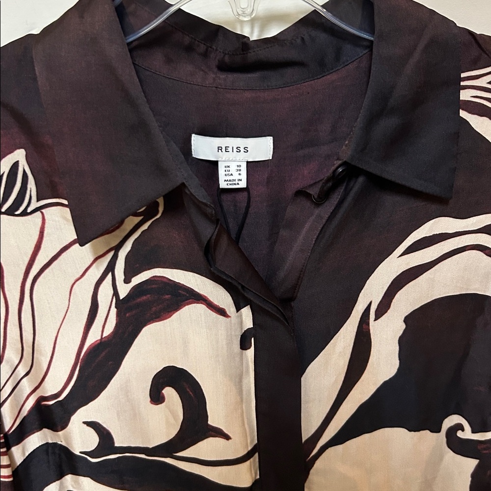 Reiss Women’s Size 6 Karl Orchid Printed button down shirt brown red - Picture 12 of 16